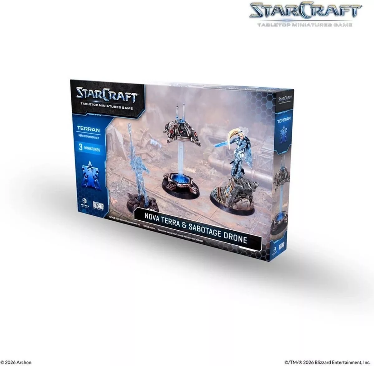 Boite de StarCraft - Tabletop Miniatures Game - Nova Terra & Sabotage Drone - Terran Hero Expansion Set - Version Anglaise
